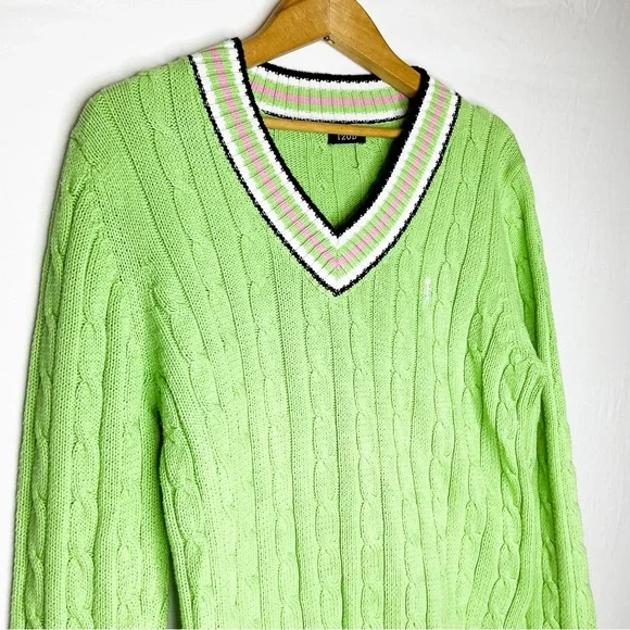 VINTAGE Preppy Lime Green Cable-Knit V-Neck Sweater with Striped Trim - Picture 2 of 11